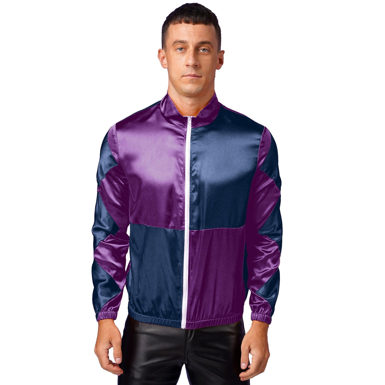 Alvivi Mens Jockey Horse Jackets Retro Colorblocked Front Zipper Track Jacket Satin Outdoor Coat Purple Navy Blue XXL