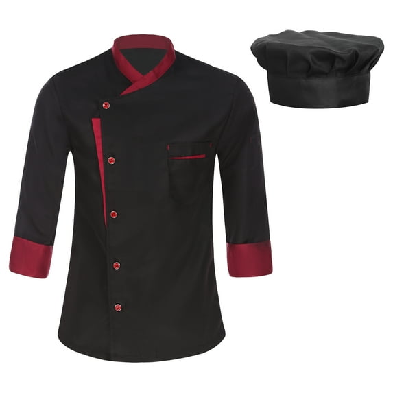 Alvivi Mens Long Sleeve Chef Coat with Hat Button Down Cooking Work Wear Kitchen Stuff Uniform Black 3XL