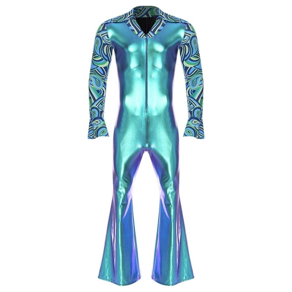 Alvivi Mens Metallic Jumpsuit Festival Party Jazz Rock Dance Performance Romper Bodysuit Blue 4XL