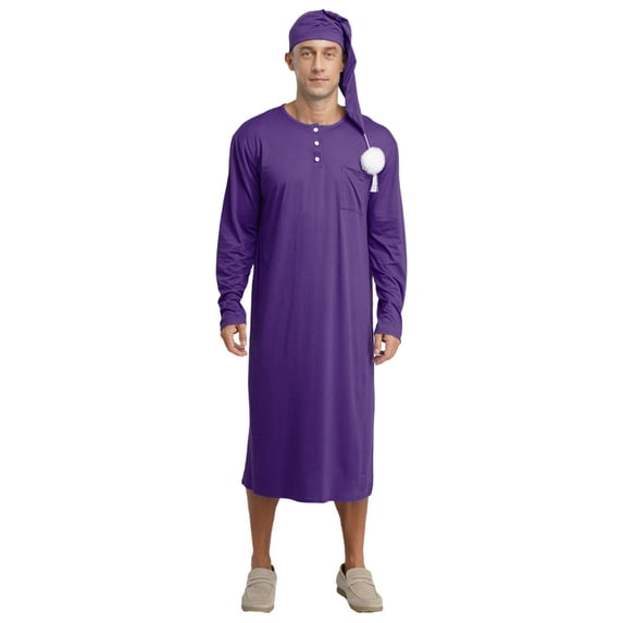 Alvivi Mens Pajama Sets Party Dress-up Nightgown Arabian Robe Long Sleeve Sleeping Nightshirt with Hat Purple L