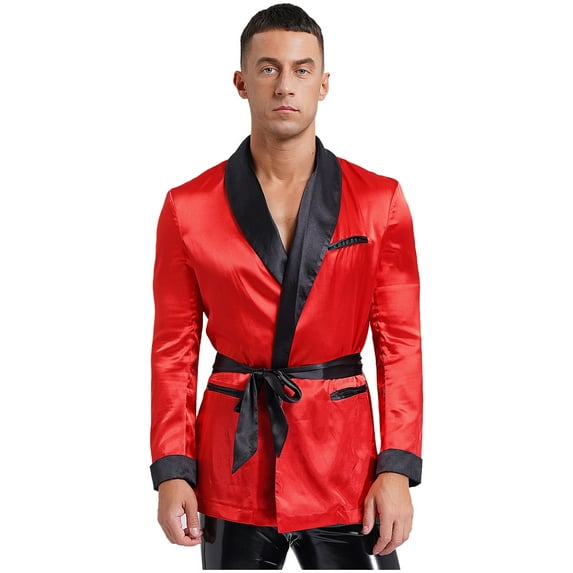 Alvivi Mens Satin Smoking Jacket Robe Lapel Long Sleeve Side Pockets Satin Kimono Bathrobe with Belt Red L