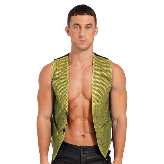 Alvivi Mens Sequin Vest Shiny Party Sleeveless Waistcoat Button Jacket Tuxedo Suit Vest Gold 3XL