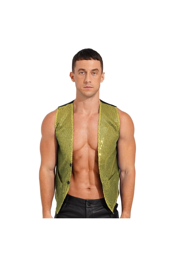 Mens Sequin Vest Shiny Party Sleeveless Waistcoat Button Jacket Tuxedo Suit Vest Gold XL