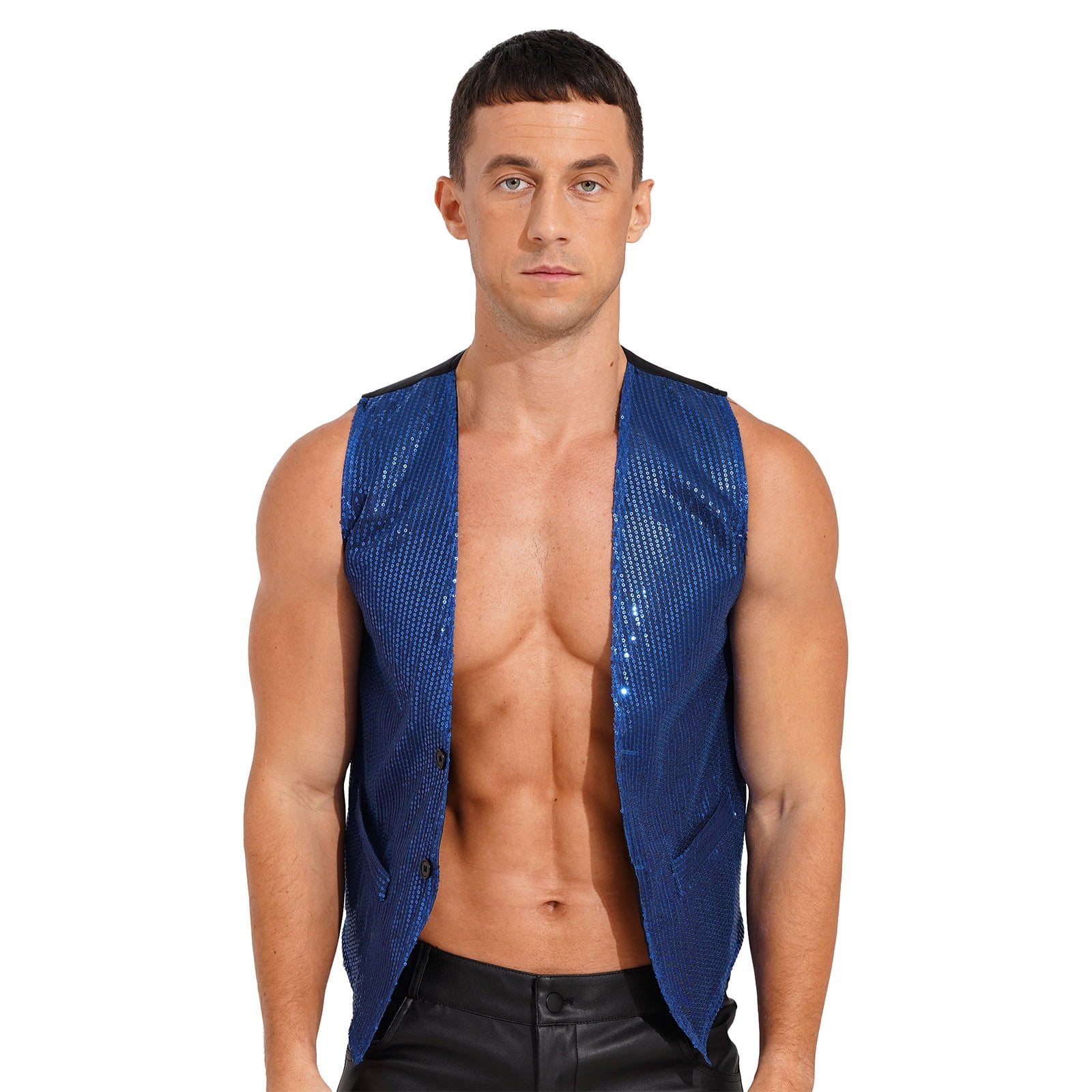 Mens Sequin Vest Waistcoat Disco Sparkle Costume Dance Party - Light Blue