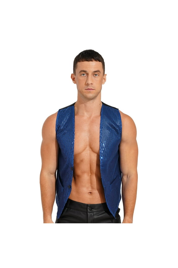 Mens Sequin Vest Shiny Party Sleeveless Waistcoat Button Jacket Tuxedo Suit Vest Royal Blue M