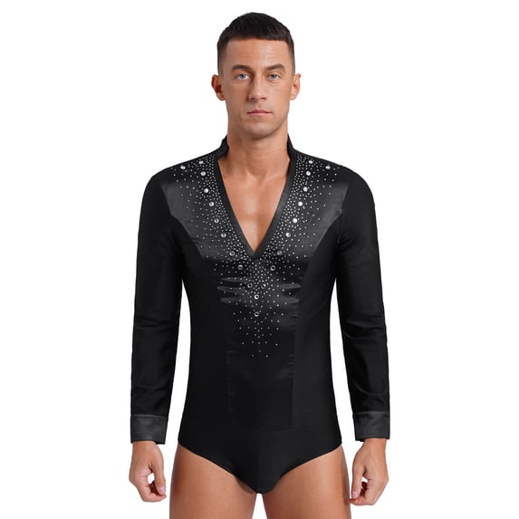 Alvivi Mens Shiny Rhinestone Deep V Neck Latin Tango Dance Shirt Leotard Ballroom Dance Costume Black M