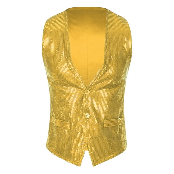 Alvivi Mens Shiny Sequin Suit Vest V-Neck Party Dress Stylish Tuxedo Waistcoat Sleeveless Jacket Gold 3XL