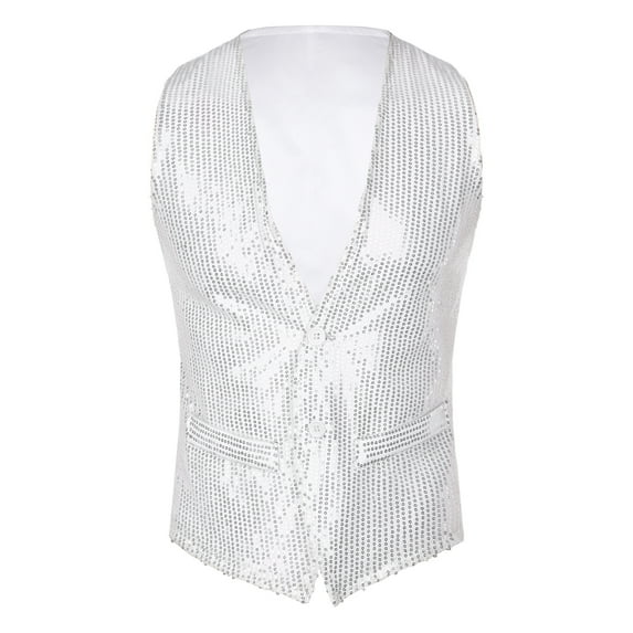 Alvivi Mens Shiny Sequin Suit Vest V-Neck Party Dress Stylish Tuxedo Waistcoat Sleeveless Jacket White XL