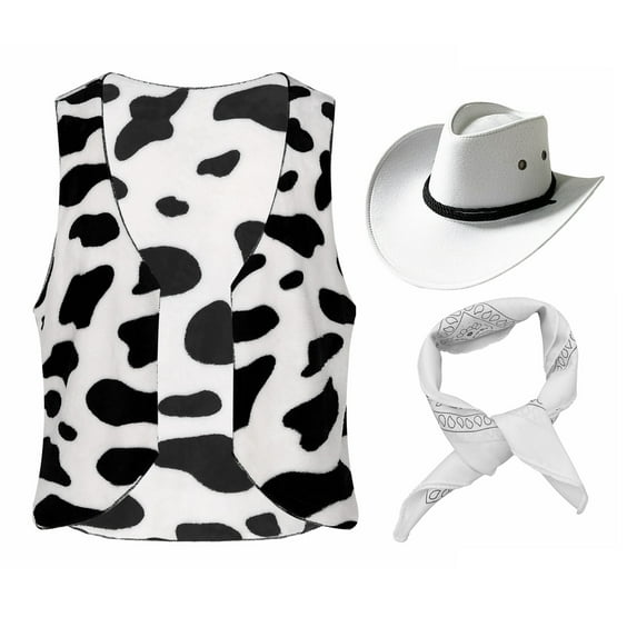 Alvivi Mens Western Cowboy Costume Cow Printed Open Front Vest Hat and Bandanna Set for Halloween Cosplay Black&White M
