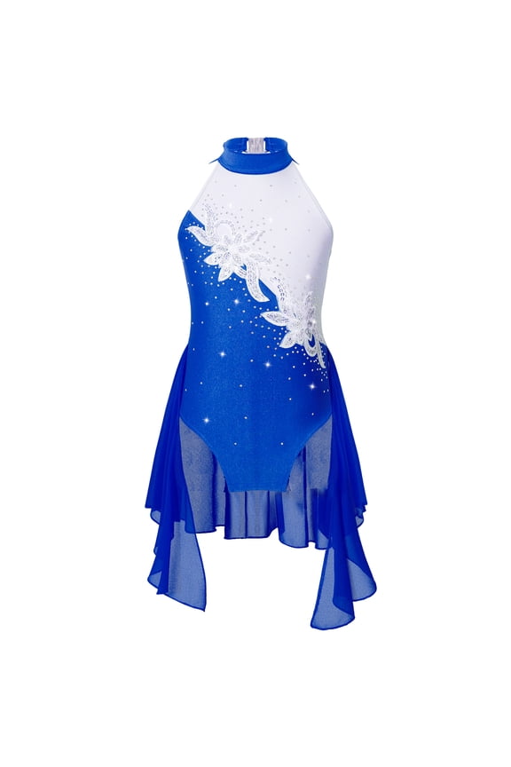 Rhinestone Sleeveless Athletic Dance Dress for Kids Girls Figure Skating Competition Costume Royal Blue 8