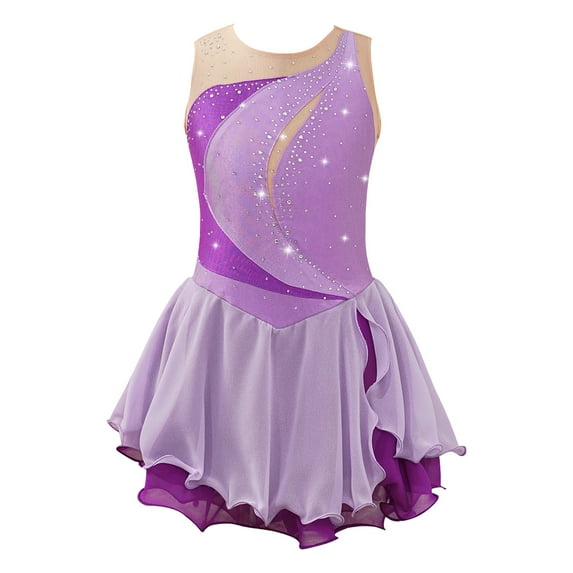 Alvivi Shiny Ballet Figure Ice Skating Dress for Girls Gymnastic Sleeveless Dance Skirted Leotard Lavender 12