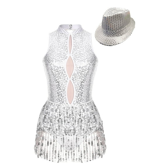 Alvivi Sparkly Bodysuit For Women Fringe Dance Leotard with Hat Latin Jazz Performance Costumes White XL