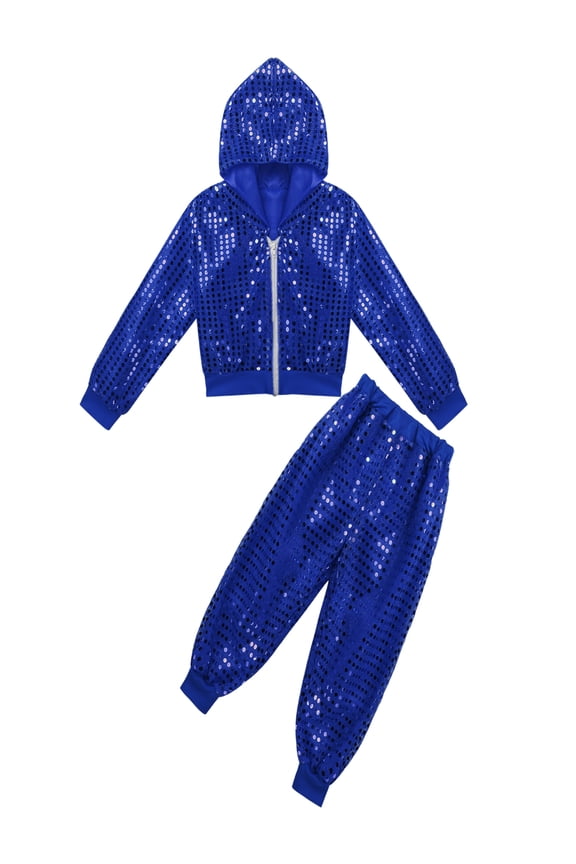 Unisex Boys Girls Hip-hop Jazz Performance Costume Street Dancing Outfits Shiny Sequins Hooded Jacket  Pants Set 3-14