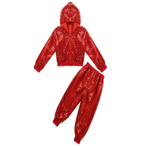 Alvivi Unisex Boys Girls Hip-hop Jazz Performance Costume Street Dancing Outfits Shiny Sequins Hooded Jacket Pants Set 3-14