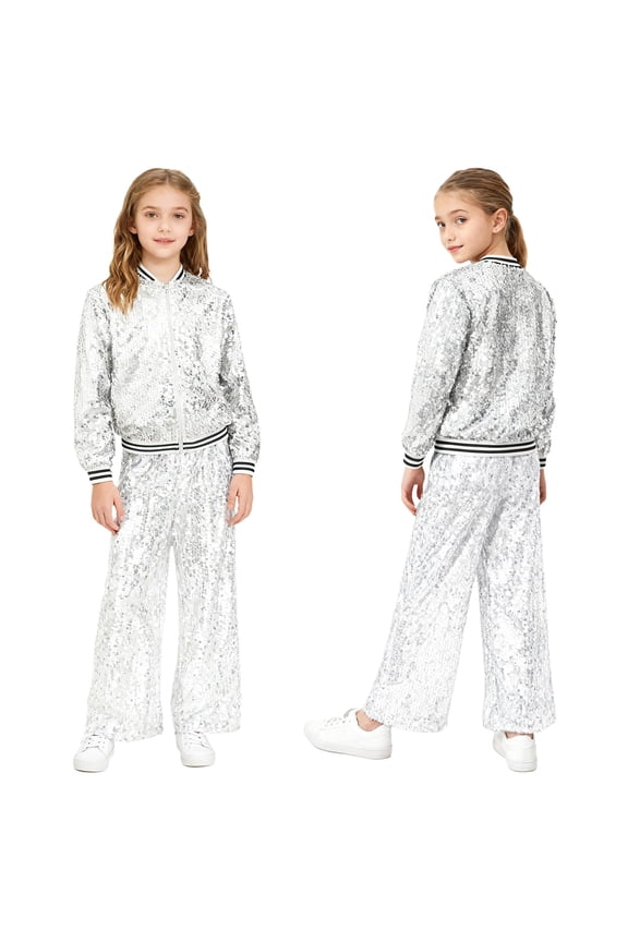 Unisex Boys Girls Hip-hop Jazz Performance Dancewear Street Dancing Outfits Shiny Sequins Hooded Jacket Pants Set Silver 10