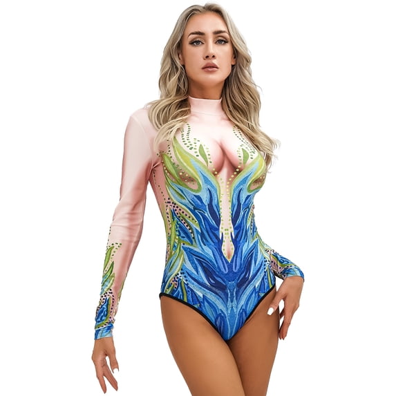 Alvivi Woman's 3D Digital One-piece Bodysuit Jumpsuit Mermaid Swimsuit Long Sleeve Bathing Suit Blue&Green L/XL