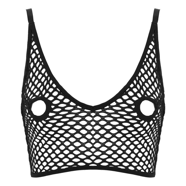 Alvivi Woman's Fishnet Sheer Bra Crop Top Spaghetti Straps See-through Open  Nipples Longline Bralette Black 3XL 