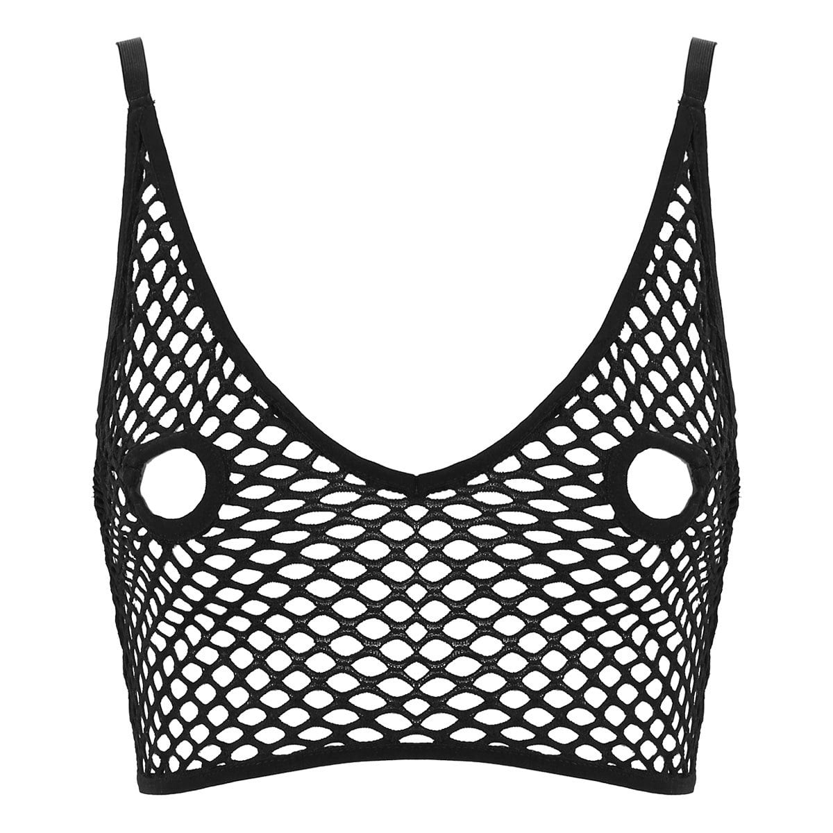 Alvivi Woman's Fishnet Sheer Bra Crop Top Spaghetti Straps See-through Open  Nipples Longline Bralette Black XXL 
