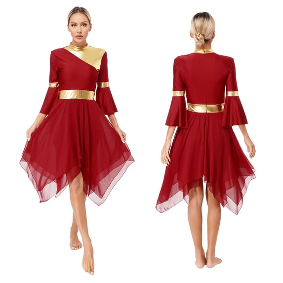 Alvivi Women 3/4 Flare Sleeve Praise Dance Dress Asymmetrical Liturgical Praise Dance Tunic Dresses Burgundy L