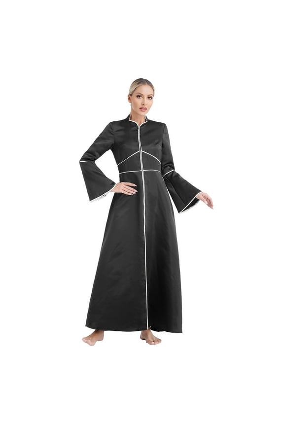 Women Church Clergy Dress Flared Sleeves A-line Solid Maxi Dresses Minister Choir Robe Black L