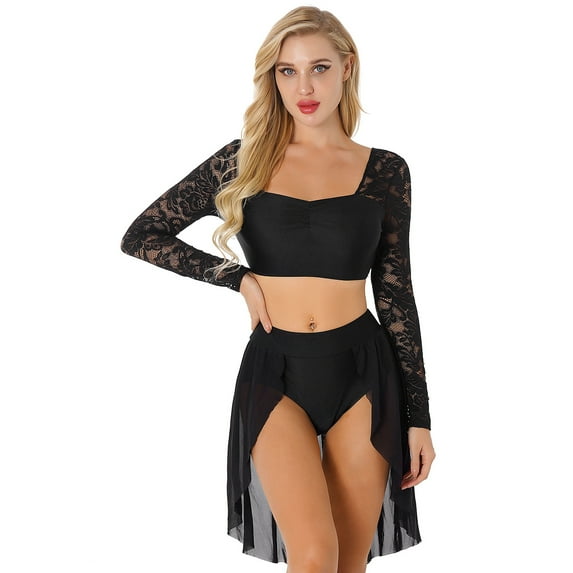 Alvivi Women Contemporary Lyrical Dance Dress Floral Lace Long Sleeve Crop Top and High Low Skirts Black S