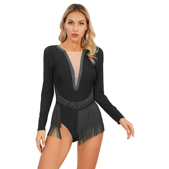 Alvivi Women Figure Ice Skating Fringed Leotard Sheer Mesh Long Sleeve Lyrical Dance Bodysuit Black L