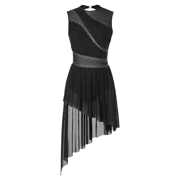 Alvivi Women Figure Skating Lyrical Dance Costume Rhinestone Asymmetrical Tulle Flowy Leotard Dress Black XL