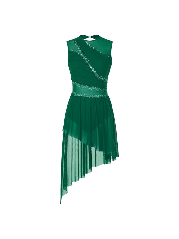 Women Figure Skating Lyrical Dance Costume Rhinestone Asymmetrical Tulle Flowy Leotard Dress Green XXL