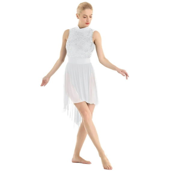 Alvivi Women Girls Lyrical High Low Dance Costume Shiny Sequins Ballet Dance Dress Leotard White Large