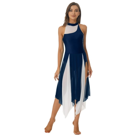Alvivi Women Halter Mesh Color Block Leotard Dress Lyrical Modern Contemporary Ballet Dancewear Navy_Blue M