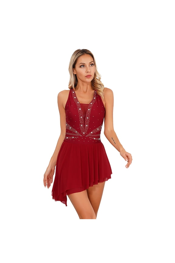Women Halter Neck Lyrical Ballet Dance Dress Modern Contemporary Figure Skating Costume Burgundy M