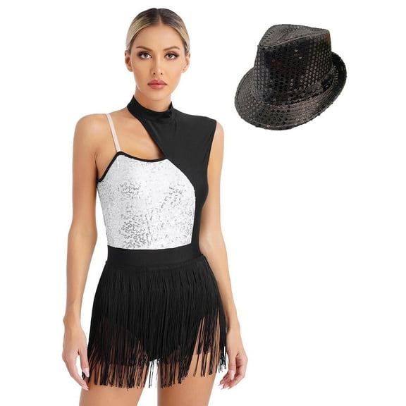 Alvivi Women Latin Dance Costume Sleeveless Tassel Salsa Tango Samba Dance Dress With Hat Silver XXL