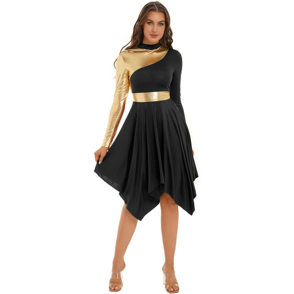 Alvivi Women Metallic Color Block Church Praise Dance Dress Worship Liturgical Tunic Lyrical Dancewear Costume Black M