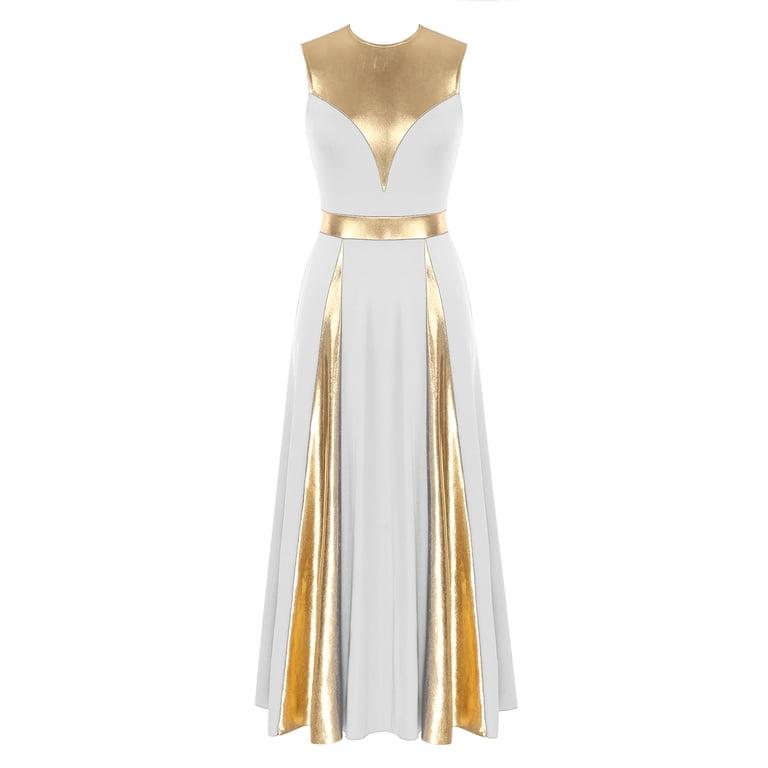 Alvivi Women Metallic Gold Sleeveless Praise Dance Dress Full Length Liturgical Worship Costume White M