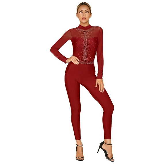 Alvivi Women One Piece Full Length Gymnastics Leotard Figure Skating Jumpsuit Bodysuit Catsuit Burgundy XL