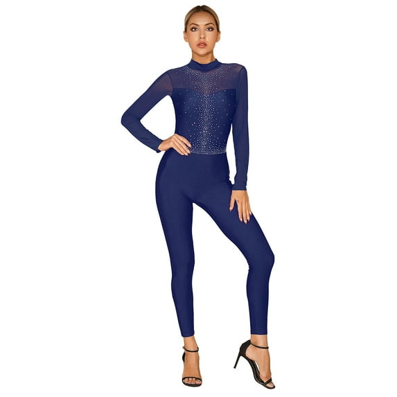 Alvivi Women One Piece Full Length Gymnastics Leotard Figure Skating Jumpsuit Bodysuit Catsuit Navy Blue S