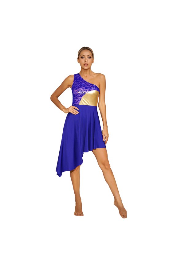 Women One Shoulder Praise Dancewear Liturgical Lyircal Dance Tunic Overlay Dress Blue S