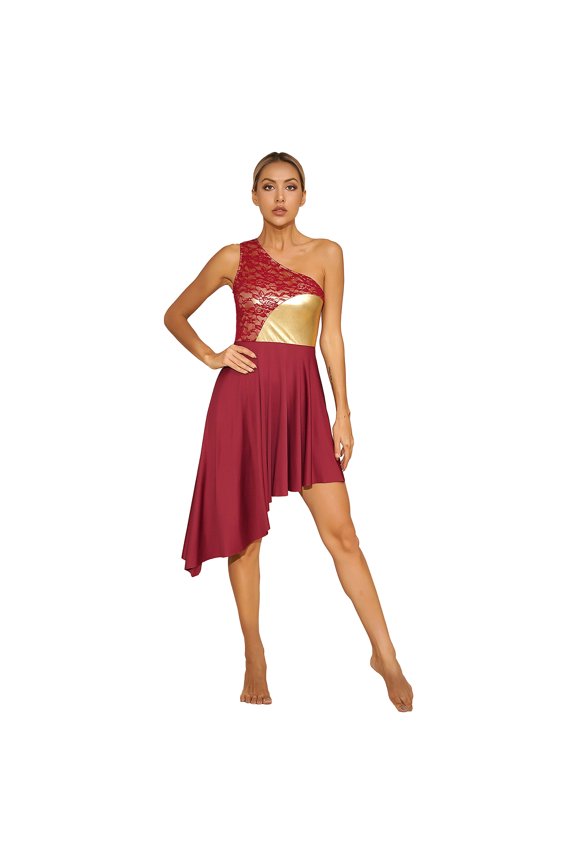 Women One Shoulder Praise Dancewear Liturgical Lyircal Dance Tunic Overlay Dress Burgundy L