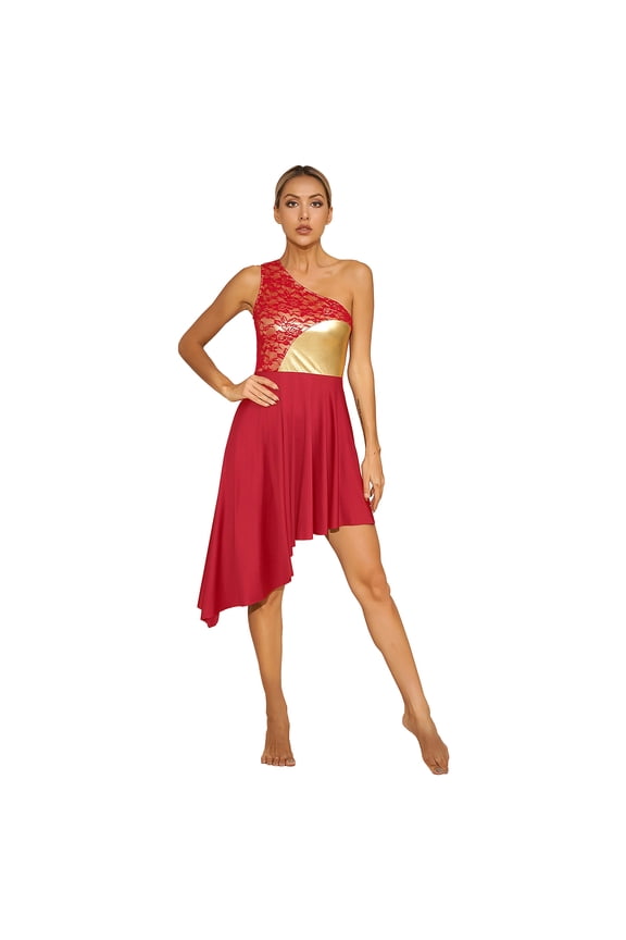 Women One Shoulder Praise Dancewear Liturgical Lyircal Dance Tunic Overlay Dress Red XL