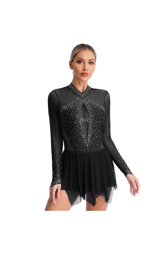Women Rhinestone Figure Ice Skating Long Sleeve High Low Hem Dress Gymnastic Dancewear Black L