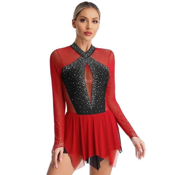 Alvivi Women Rhinestone Figure Ice Skating Long Sleeve High Low Hem Dress Gymnastic Dancewear Burgundy L
