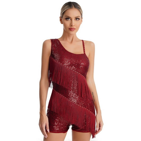 Alvivi Women Sequins Tassel Fringed Latin Leotard Jazz Tango Samba Dance Costume Burgundy XXL
