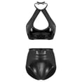 thumbnail image 1 of Alvivi Women Shiny Halter Neck Cut Out Crop Top with Shorts Metallic Bikini Set Rave Party Costume Black M, 1 of 7
