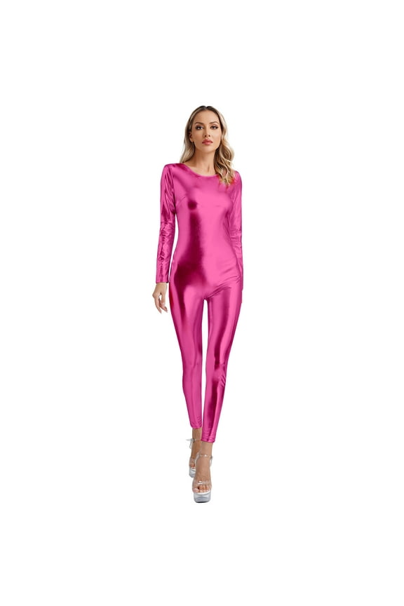 Women Shiny Metallic Bodysuit Unitard Jumpsuits Leotard Festival Costumes Hot Pink S