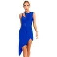 thumbnail image 1 of Alvivi Women Sleeveless Cutout Latin Dance Leotard Mesh Patchwork High Low Lyrical Dance Dress Royal Blue L, 1 of 7