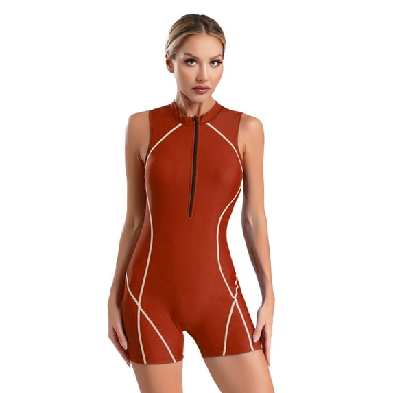 Alvivi Women Sleeveless Zip Up One Piece Boyleg Swimsuits Surfing Rash Guard Wetsuits Rust L