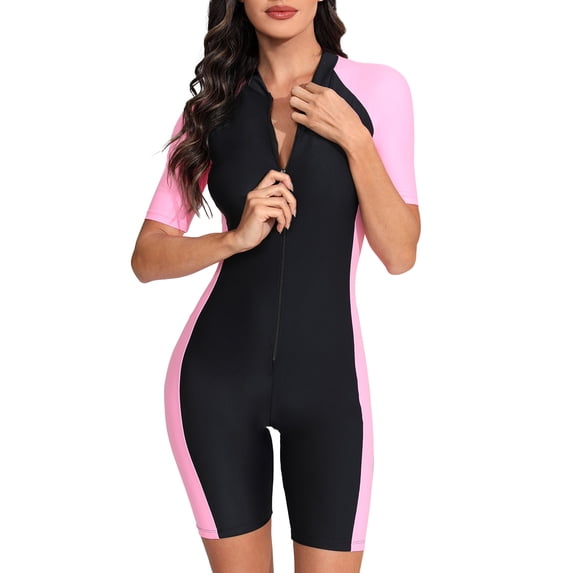 Alvivi Women Zipper Rash Guard Swimwear Water Sport Bathing Suit Padded Boyleg Swimsuit Pink&Black M