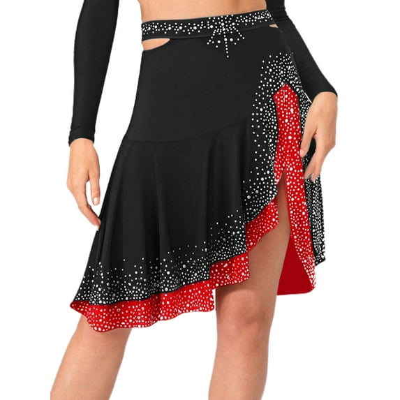 Alvivi Women's American Latin Modern Dance Skirt Rhinestone Ruffle Skirts High Waist Jazz Samba Rumba Salsa Dancewear Black M