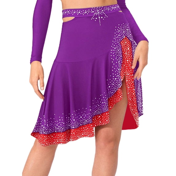 Alvivi Women's American Latin Modern Dance Skirt Rhinestone Ruffle Skirts High Waist Jazz Samba Rumba Salsa Dancewear Purple XL