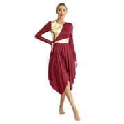 Alvivi Womens Asymmetrical Praise Dance Dress Long Sleeve Church Worship Performance Costume Burgundy S